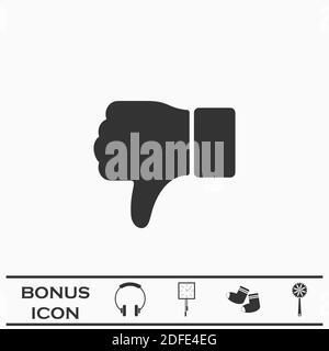 Icona pollici giù piatta. Pittogramma nero su sfondo bianco. Simbolo dell'illustrazione vettoriale e pulsante bonus Illustrazione Vettoriale