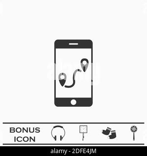 Icona del telefono GPS piatta. Pittogramma nero su sfondo bianco. Simbolo dell'illustrazione vettoriale e pulsante bonus Illustrazione Vettoriale