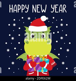 Dragon contiene regali. Felice biglietto d'auguri per il nuovo anno con dinosauro. Illustrazione vettoriale con sfondo isolato carino carattere. Scritte disegnate a mano. Illustrazione Vettoriale