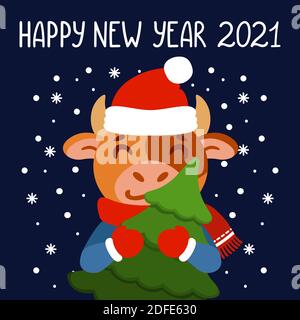 Toro con albero. Bue con abete. Simbolo del Capodanno cinese 2021. Biglietto d'auguri natalizio, poster design. Illustrazione vettoriale con carattere carino. Han Illustrazione Vettoriale