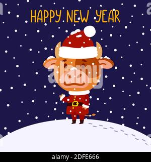 Carino toro in costume di babbo natale. Bue simbolo del Capodanno cinese 2021. Buon Natale e felice biglietto d'auguri di nuovo anno, poster design. Vect Illustrazione Vettoriale