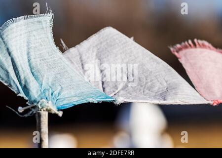 Bandiere tradizionali buddiste di preghiera che soffiano nel vento Foto Stock