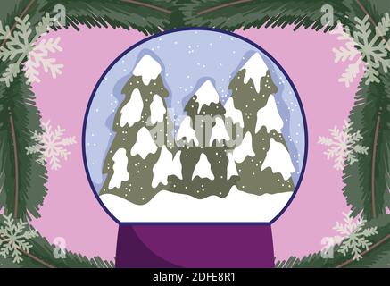 palla di neve invernale con alberi fiocchi di neve e rami in cornice illustrazione vettoriale Illustrazione Vettoriale