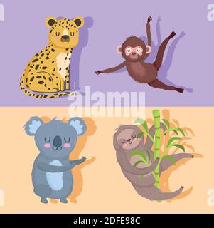 sloth leopardo koala e scimmia animale safari cartoon illustrazione vettoriale Illustrazione Vettoriale