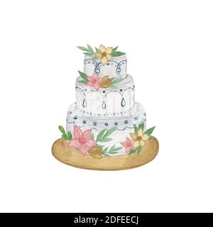 Torta di nozze decorata con fiori colorato acquerello illustrazione di tenero dolce di festa disegnato a mano per biglietti d'auguri, inviti, menu, posta Foto Stock