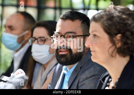 Jeanne Barseghian, Syamak Agha Babaei, Catherine Trautmann, Marie Hoffsess e membri del nuovo team comunale ed Eurometropoli in occasione di una conferenza stampa. Jeanne Barseghian diventerà ufficialmente sindaco di Strasburgo sabato 4 luglio 2020. Strasburgo, Francia nordorientale, il 4 luglio 2020. Foto di Nicolas Roses/ABACAPRESS.COM Foto Stock