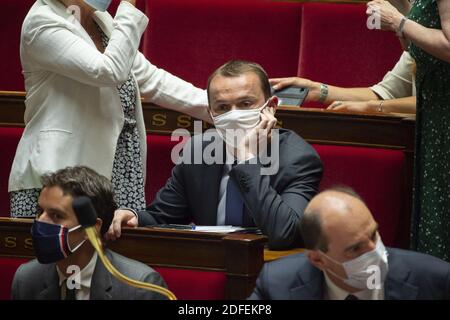 Ministro junior dell'azione pubblica e dei conti Olivier Dussopt durante una sessione di interrogazioni al governo al Palais Bourbon, sede dell'Assemblea nazionale francese a Parigi, Francia, l'8 luglio 2020. Foto di Eliot Blondt/ABACAPRESS.COM Foto Stock