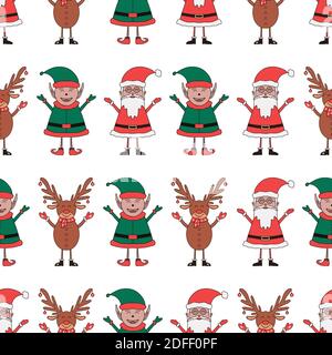 Motivo natalizio senza cuciture realizzato con personaggi di Babbo Natale, Elf e Deer su sfondo bianco. Illustrazione Vettoriale