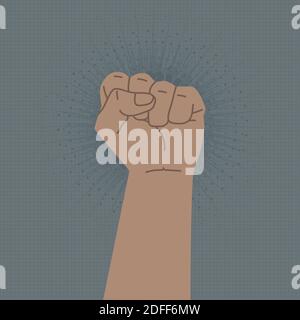 Un simbolo di protesta e di forza. Pugno sollevato. La mano è aggraffata a pugno. Manifesto contro qualcosa. Illustrazione piatta vettoriale per la progettazione Illustrazione Vettoriale