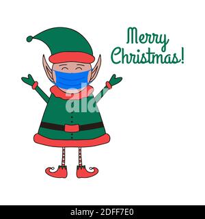 Biglietto d'auguri di Natale con cute Babbo Natale in maschera medica e copyspace su sfondo bianco. Illustrazione Vettoriale