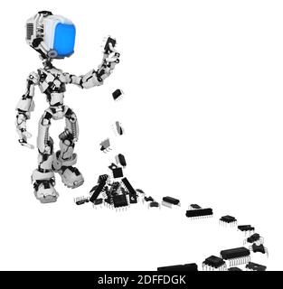 Posa del personaggio robot con microchip, illustrazione 3d, orizzontale, isolata Foto Stock