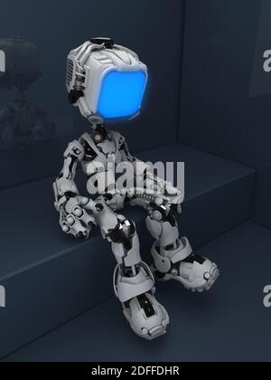Schermo robot figura carattere posa seduta con sfondo angolo scuro, illustrazione 3d, verticale Foto Stock