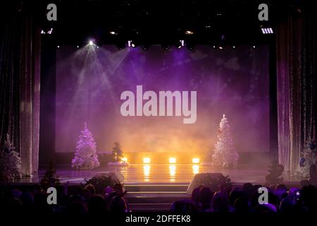 scena, scenografia con faretti colorati e fumo, albero di natale Foto Stock