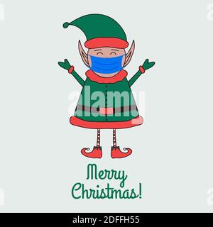 Biglietto d'auguri natalizio con cute Babbo Natale in maschera medica su sfondo grigio. Illustrazione Vettoriale