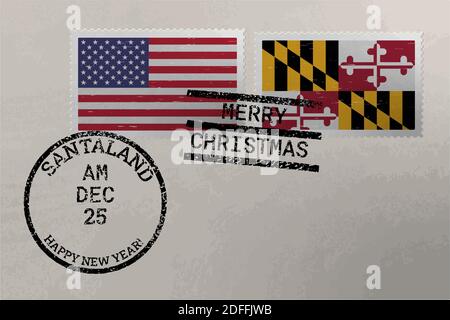 Busta con francobollo con bandiera del Maryland e degli Stati Uniti e francobolli di Natale e Capodanno, vettore Illustrazione Vettoriale