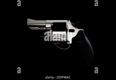 Pistola con revolver in argento su sfondo scuro. Silhouette dell'arma. L'arma classica del selvaggio West nella performance moderna. Foto Stock