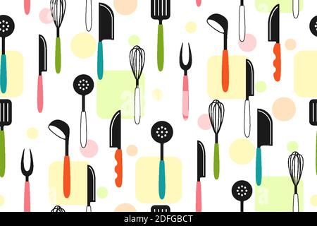 Utensili da cucina forcella retro modello senza cuciture frusta, cucchiaio utensili cartone animato set. Cucina moderna utensili piatti cucina piatti, attrezzature. Icona della collezione di utensili vettoriali. Corolla, spatola con coltello a cucchiaio. Illustrazione Vettoriale