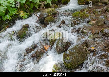 Grandi pietre in un fiume di montagna Foto Stock