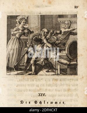 Lo scheletro della morte, Freund Hans, versa il vino nella bocca di un glutone obeso, XVIII secolo. Una cameriera porta un tureen di zuppa al tavolo da pranzo mentre un ospite fugge. Il Glutton. Der Schlemmer. Incisione su copperplate di Johan Georg Mansfeld dopo un originale di Johann Rudolf Schellenberg da Johan Kark Musaus Freund Heins Erscheinungen a Holbeins Manier, (apparizioni di morte alla maniera di Holbein) Mannheim, 1803. Foto Stock