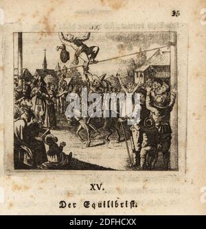 Lo scheletro della morte, Freund Hans, tira un camminatore tightrope alla sua morte, 18 ° secolo. Lo scheletro guida un asino e tira la gamba di acrobat. Una grande folla guarda la performance su un villaggio verde. acrobat. Equilibri del der. Incisione su copperplate di Johan Georg Mansfeld dopo un originale di Johann Rudolf Schellenberg da Johan Kark Musaus Freund Heins Erscheinungen a Holbeins Manier, (apparizioni di morte alla maniera di Holbein) Mannheim, 1803. Foto Stock