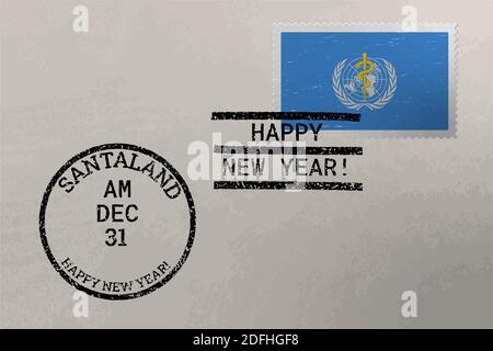 Busta con francobollo conbandiera dell'Organizzazione Mondiale della Sanità e francobolli di Capodanno, immagine vettoriale Illustrazione Vettoriale