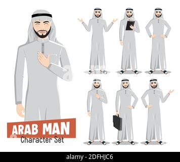 Set di caratteri vettoriali uomo arabi. Arabo saudita carattere maschile isolato in bianco sfondo con posa in piedi e gesti per uomo d'affari arabo. Illustrazione Vettoriale