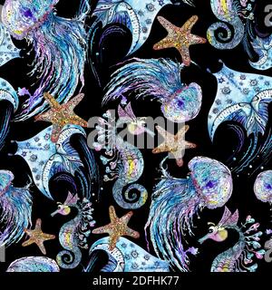 Acquerello e inchiostro sketc modello con animali marini Foto Stock