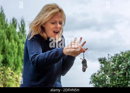 La donna bionda di mezza età tiene un ratto bagnato dalla coda con un'espressione terrorizzata e disgustata Foto Stock