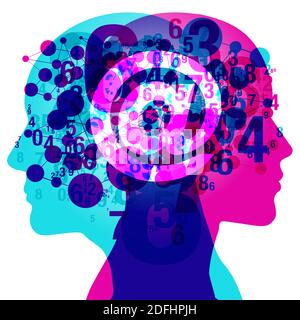 Una silhouette laterale maschio e femmina sovrapposta a numeri semitrasparenti e forme circolari collegate. Centrato è un simbolo "@" semi-luminoso. Foto Stock