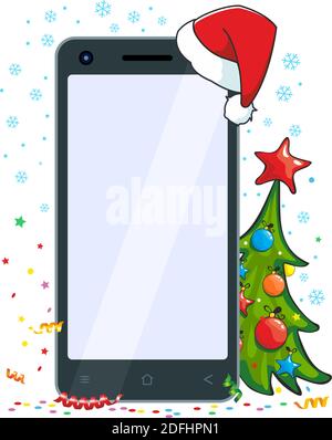 Modello di mockup per smartphone di Natale per biglietto d'auguri, annuncio, invito. Copiare il testo sullo schermo nel design di Capodanno. Vettore su trasparente Illustrazione Vettoriale