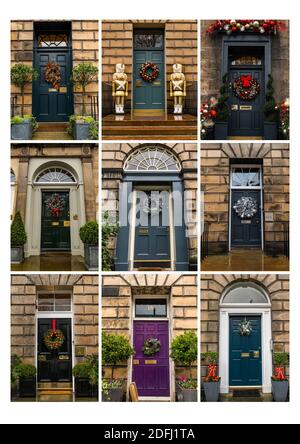 Edimburgo, Scozia, Regno Unito, 5 dicembre 2020. Un'immagine composita di corone natalizie decorative stagionali sulle porte anteriori delle case cittadine georgiane nella Città Nuova di Edimburgo Foto Stock