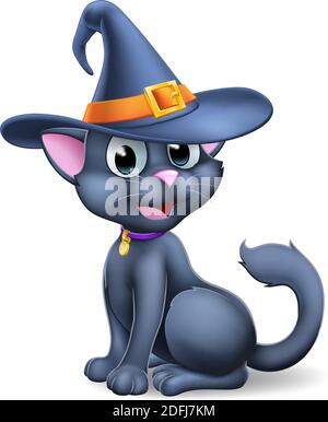 Halloween Black Cat in Witch Hat Cartoon Illustrazione Vettoriale