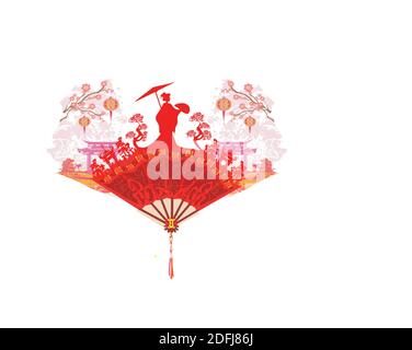 Astratto ventilatore decorativo con ragazza asiatica Illustrazione Vettoriale