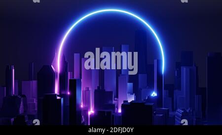 Retrò futuristico paesaggio urbano astratto sfondo 3D rappresentazione illustrazione. Stile Vaporwave, retronda o onda sinusoidale con cornice circolare blu e viola ne Foto Stock