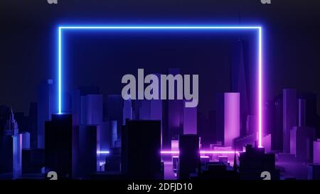 Retrò futuristico paesaggio urbano astratto sfondo 3D rappresentazione illustrazione. Stile Vaporwave, a onda retrospettiva o a onda sintetica con cornice rettangolare blu e viola Foto Stock