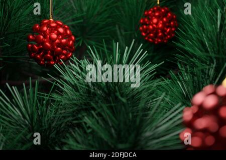 3D illustrazione alberi di conifere verdi con palle rosse sotto forma di coronavirus. Cartolina di Natale con un campo vuoto per riempire e un albero di Natale Foto Stock