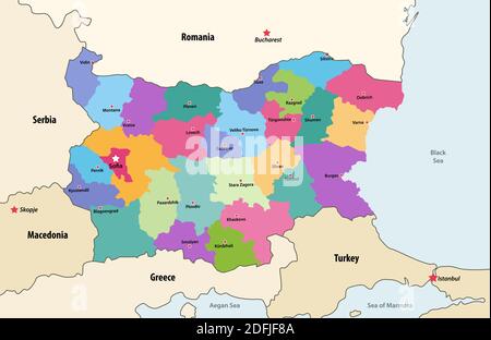 Mappa vettoriale delle province bulgare, con paesi e territori vicini Illustrazione Vettoriale