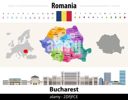 Paesi della Romania colorati per mappa delle regioni. Bandiera della Romania. Paesaggio urbano di Bucarest. Illustrazione vettoriale Illustrazione Vettoriale