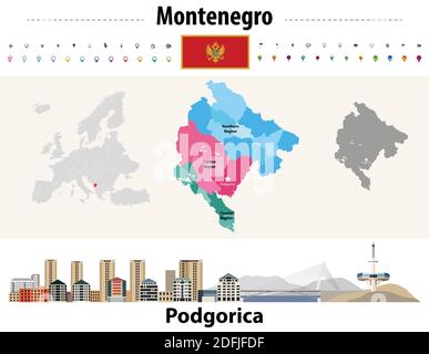 Mappa delle divisioni amministrative del Montenegro. Bandiera del Montenegro. Paesaggio urbano di Podgorica. Illustrazione vettoriale Illustrazione Vettoriale