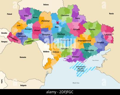 Regioni ucraine (oblasti) con divisioni amministrative (raioni) mappa vettoriale con paesi e territori vicini Illustrazione Vettoriale