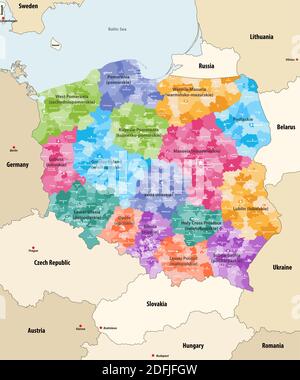 Mappa vettoriale delle divisioni amministrative polacche colorate in base alle province (note come voivodeships) con i paesi vicini e territori Illustrazione Vettoriale