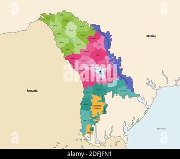 Mappa vettoriale delle divisioni amministrative della Moldavia con i paesi vicini e territori Illustrazione Vettoriale