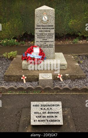 Memorial a 460 Squadron della Royal Australian Air Force a Binbrook, Regno Unito, la base per questo squadrone bombardiere Lancaster per la maggior parte della seconda guerra mondiale. Foto Stock