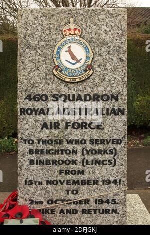 Memorial a 460 Squadron della Royal Australian Air Force a Binbrook, Regno Unito, la base per questo squadrone bombardiere Lancaster per la maggior parte della seconda guerra mondiale. Foto Stock
