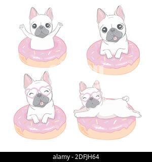 Carino bulldog e una ciambella su uno sfondo bianco isolato. Illustrazione, vettore Illustrazione Vettoriale