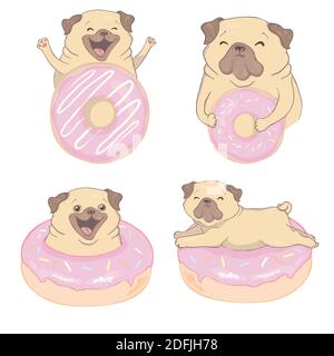 Impostazione. Disegno vettoriale di disegno manuale PUG e donut. Illustrazione Vettoriale