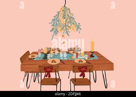 Illustrazione vettoriale del tavolo da pranzo decorato in modo festivo a Capodanno vacanze Illustrazione Vettoriale