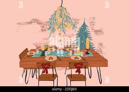 Illustrazione vettoriale del tavolo da pranzo decorato in modo festivo a Capodanno vacanze Illustrazione Vettoriale