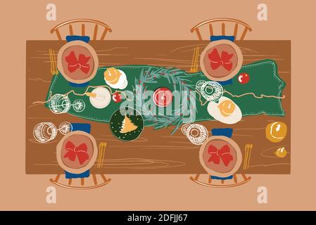 Illustrazione vettoriale del tavolo da pranzo decorato in modo festivo durante le vacanze di Capodanno. Vista dall'alto Illustrazione Vettoriale