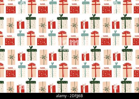 Modello vettoriale senza cuciture con scatole regalo festive su sfondo bianco. Modello per carta da imballaggio. Illustrazione Vettoriale